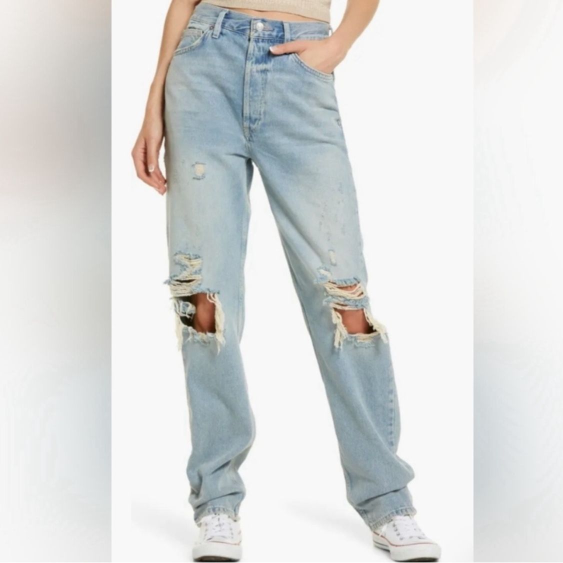 We The Free People Lasso High Rise Jeans Distressed Light Wash Blue Denim Sz 30